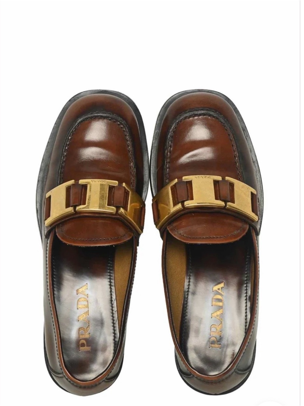 Prada Brown Leather Loafers with Gold Buckle - Picture 9 of 11